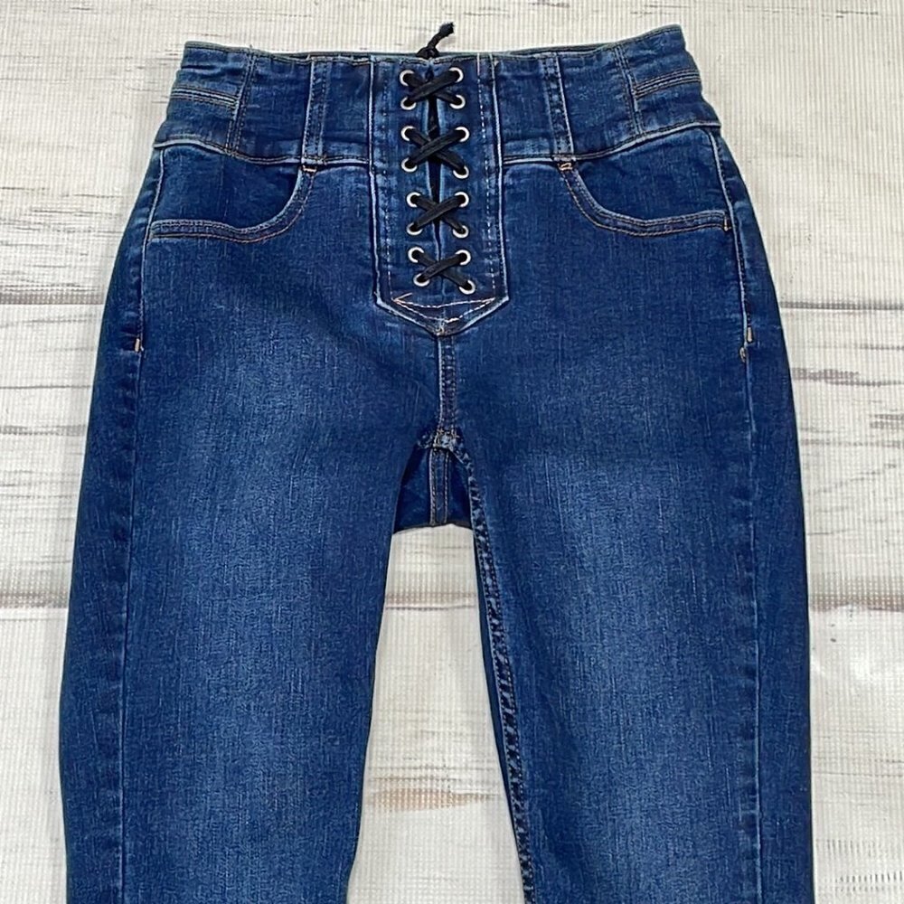 Free People Jeans Curvy Skinny Dark Wash Blue Denim High Rise Lace Up Size 24